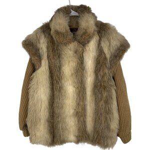 Vintage 80s Jordache Faux Fur Sweater Coat M Knit Sleeves Lined USA RN10226